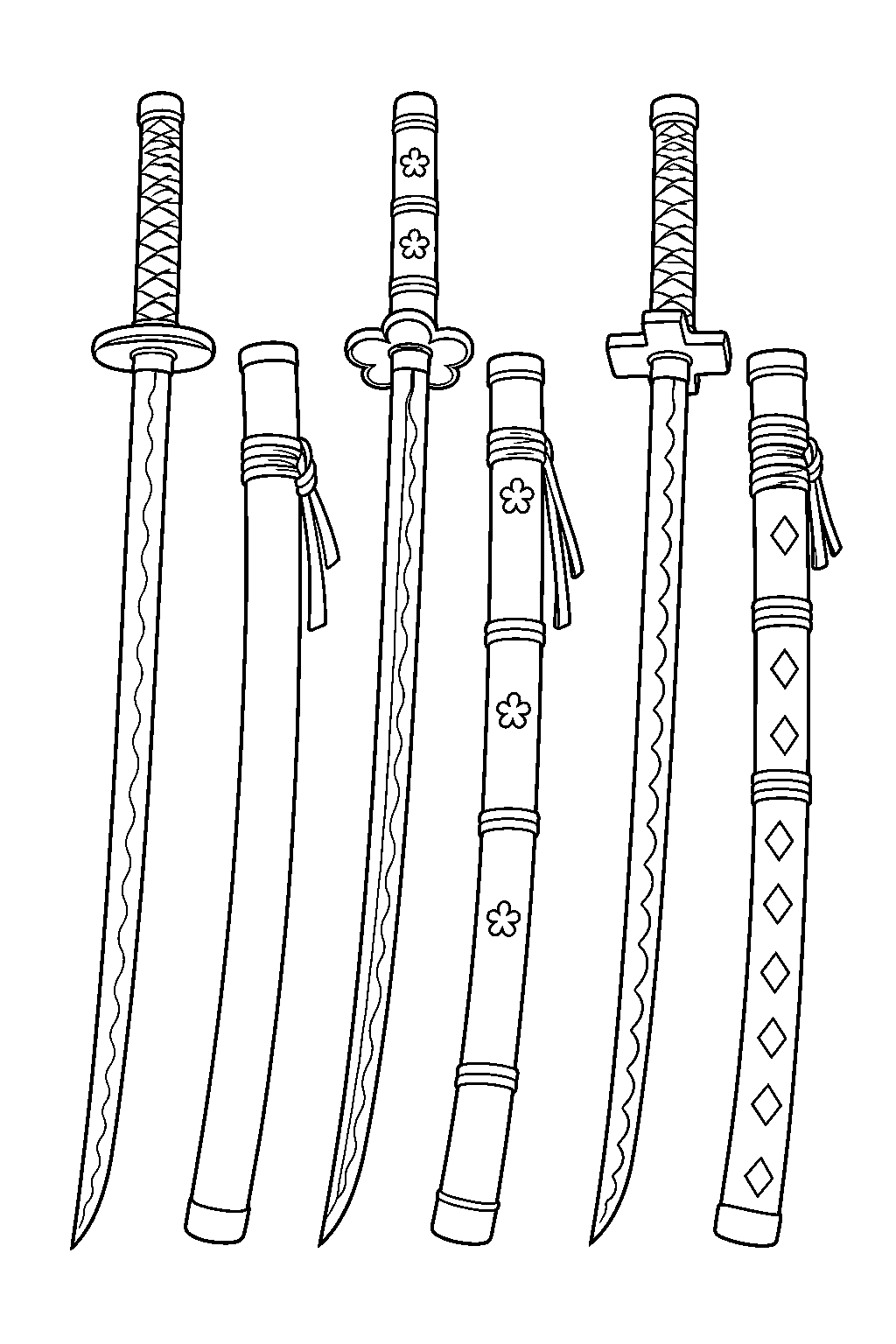 one piece zoro three swords wado ichimonji enma and sandai kitetsu with their scabbards line art