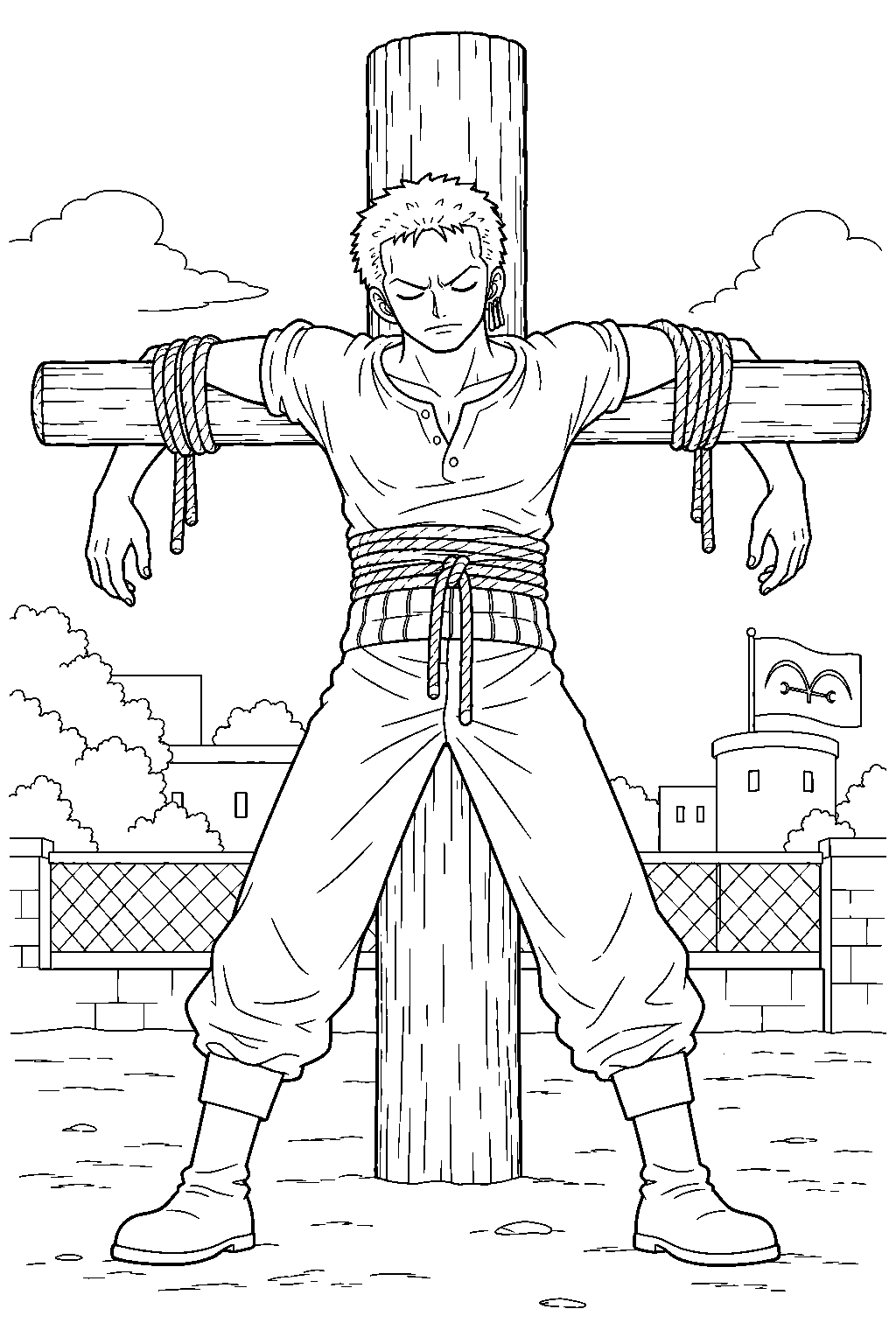 one piece zoro tied to the post in the shells town marine courtyard line art
