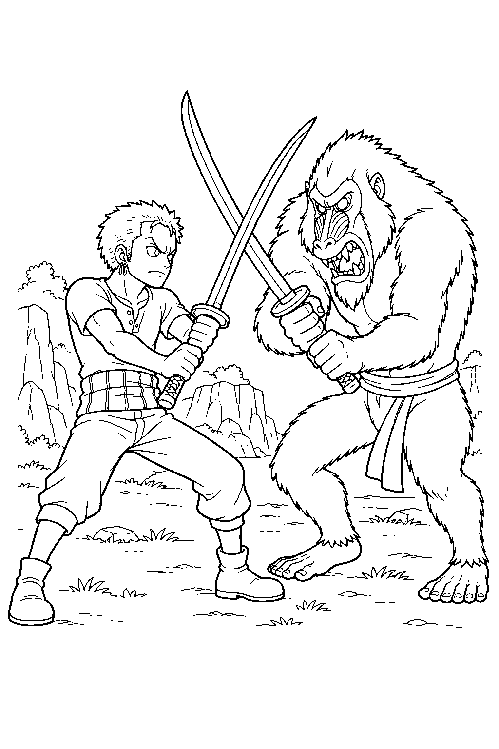 one piece zoro training against a humandrill on kuraigana island line art