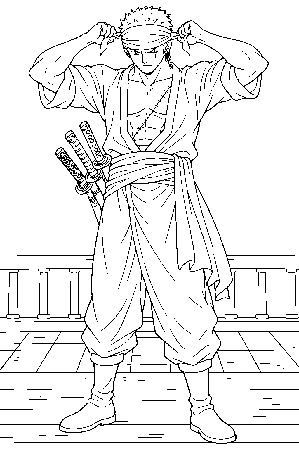 one piece zoro tying his bandana before battle line art