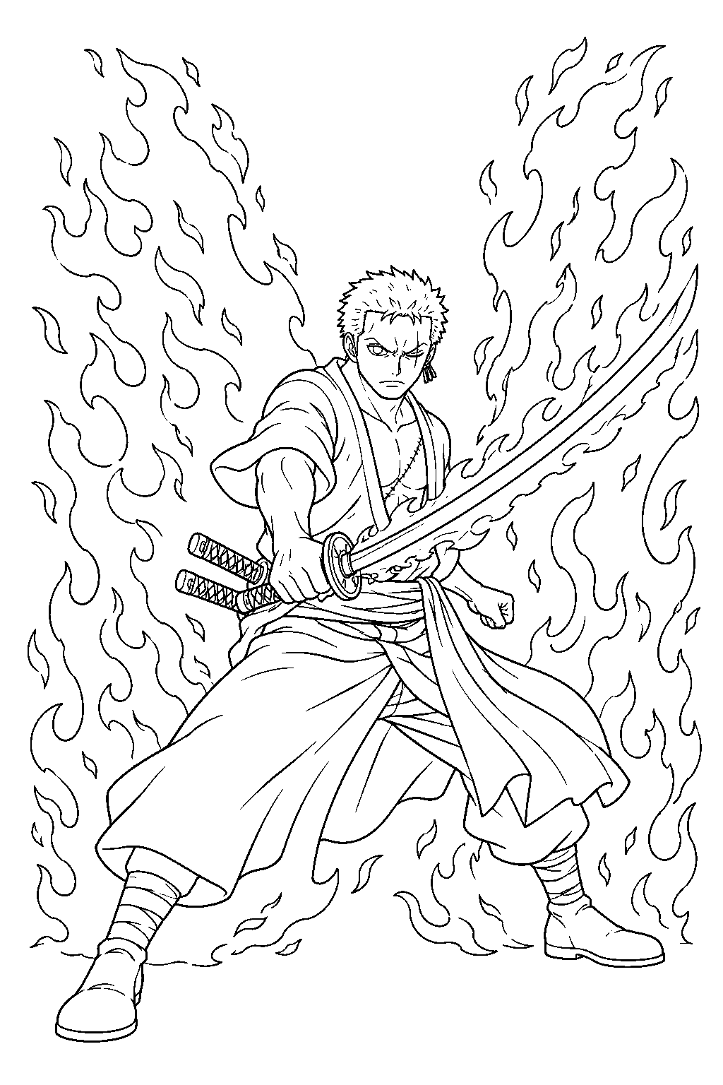 one piece zoro using foxfire style to cut through flames line art