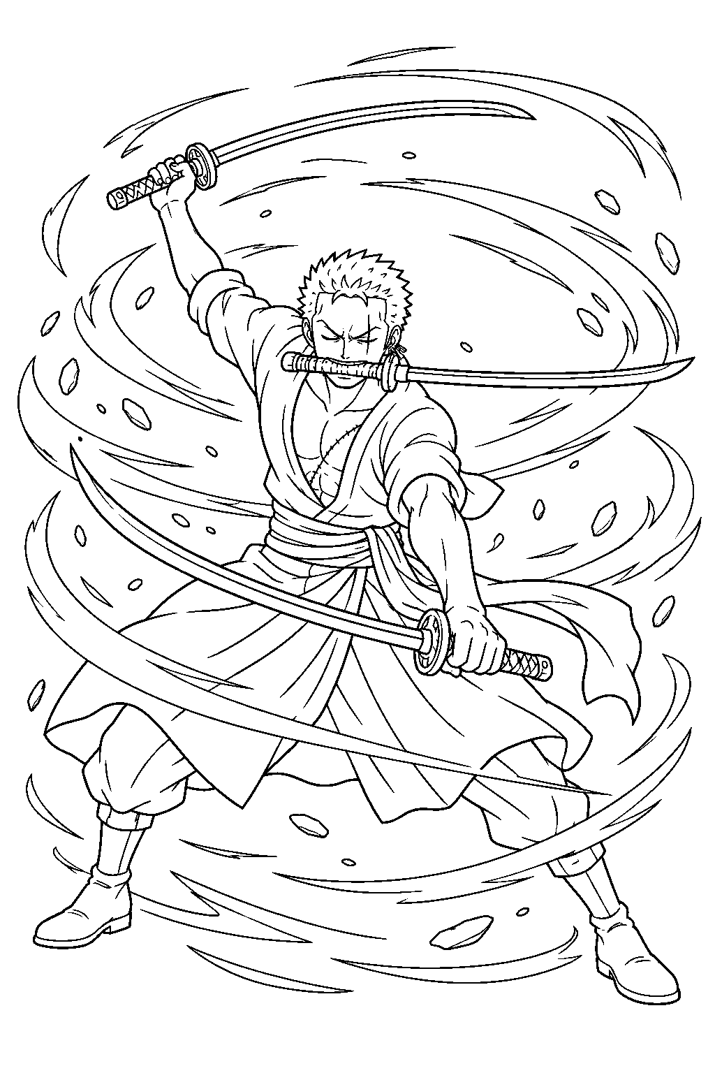 one piece zoro using tatsumaki to create a sword cyclone line art