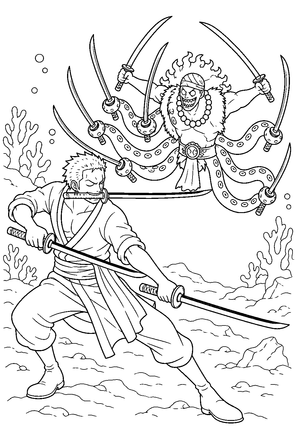 one piece zoro vs hyouzou on fishman island line art
