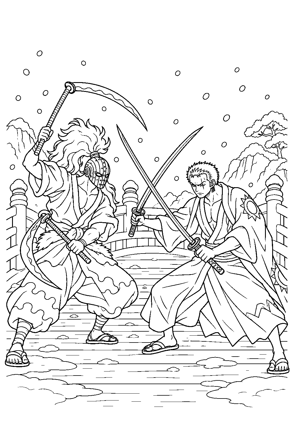 one piece zoro vs killer at the snowy ringo bridge line art