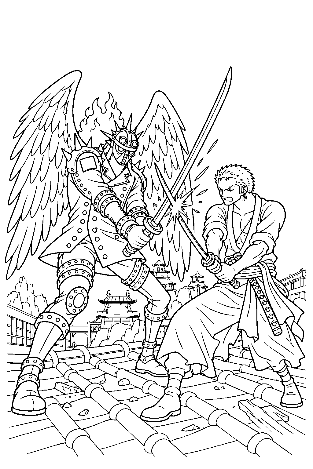 one piece zoro vs king in a sword clash on onigashima line art
