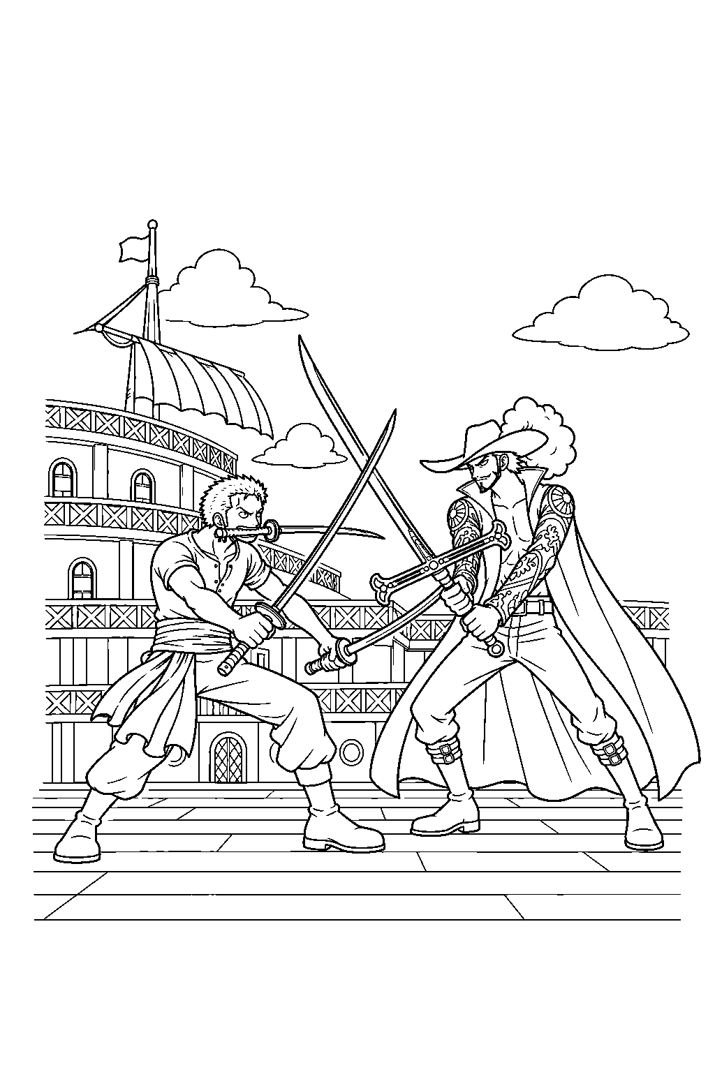 one piece zoro vs mihawk at baratie line art