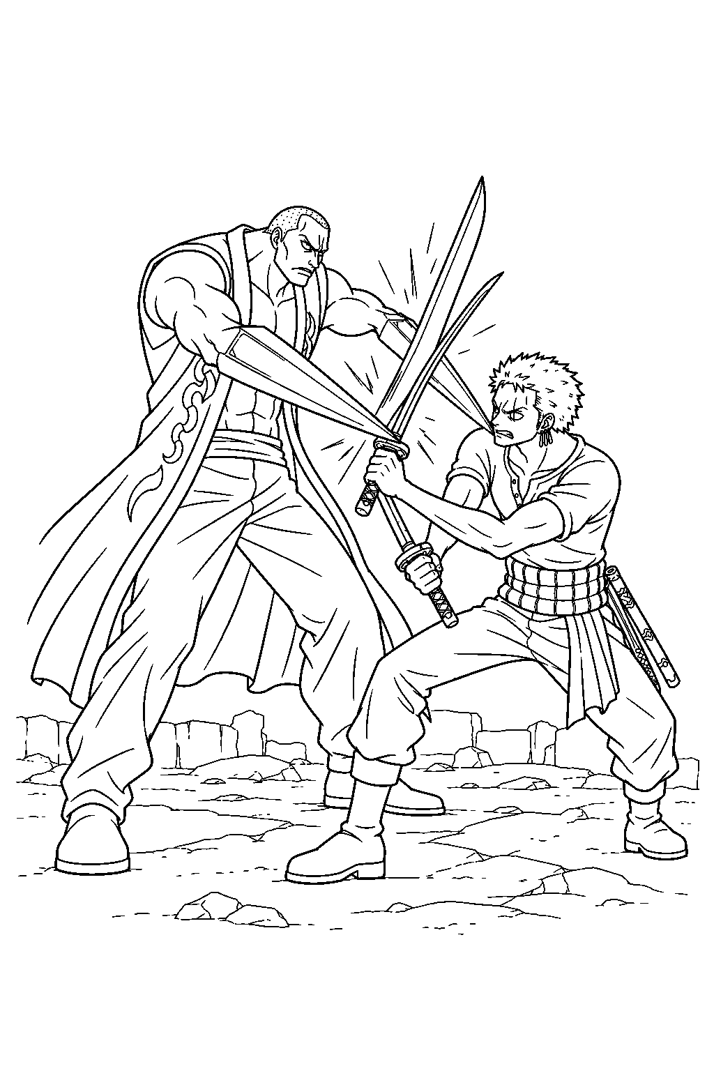 one piece zoro vs mr 1 blocking his blade arms in alabasta line art