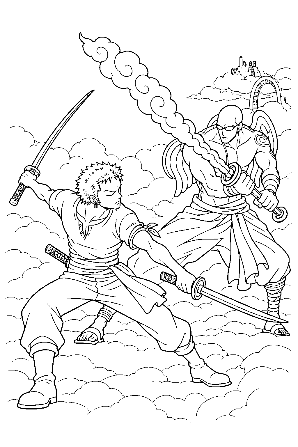 one piece zoro vs ohm in skypiea line art