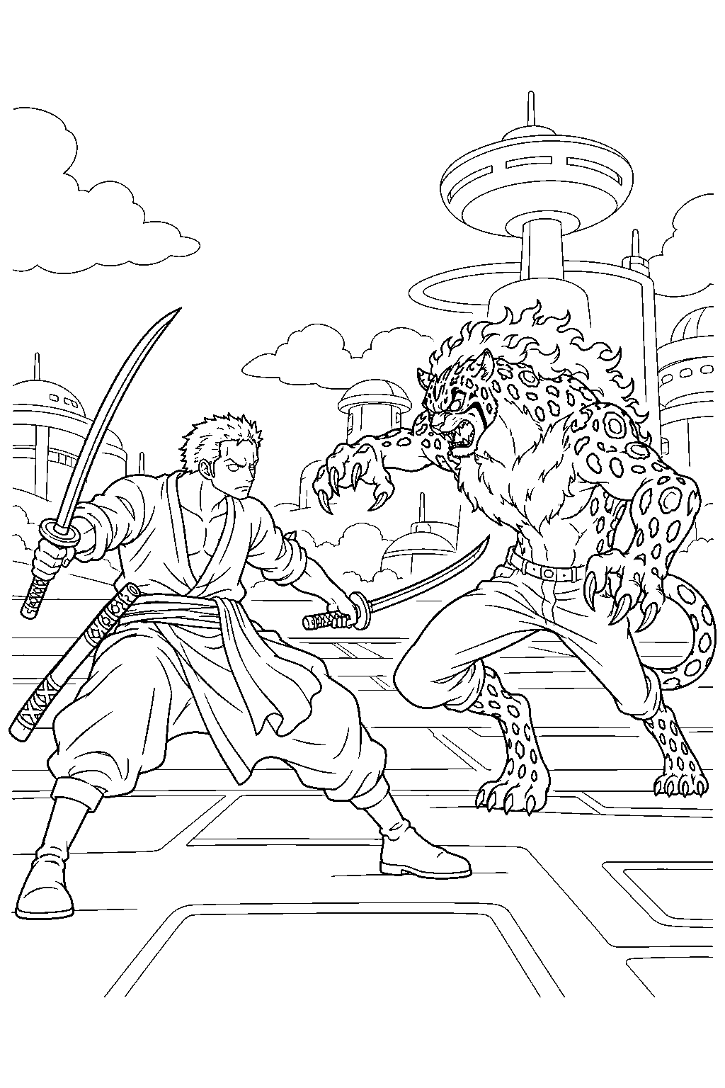 one piece zoro vs rob lucci on egghead line art