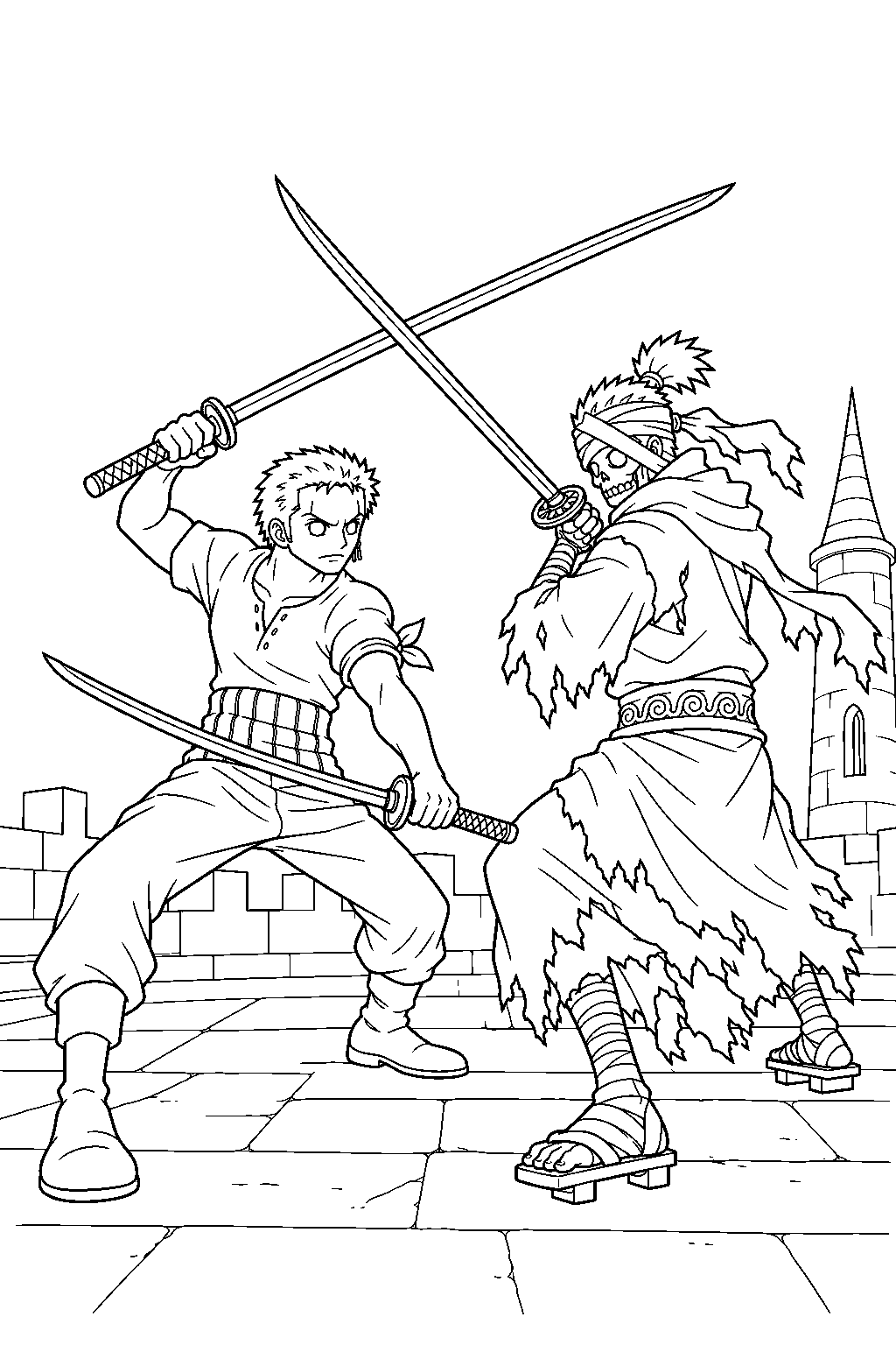 one piece zoro vs ryuma at thriller bark line art