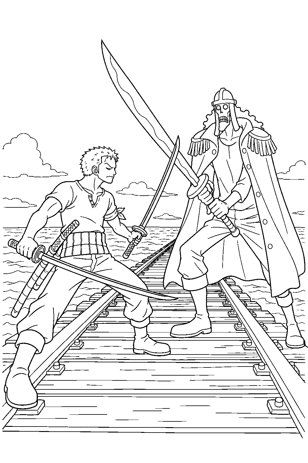 one piece zoro vs t bone on the sea train tracks line art