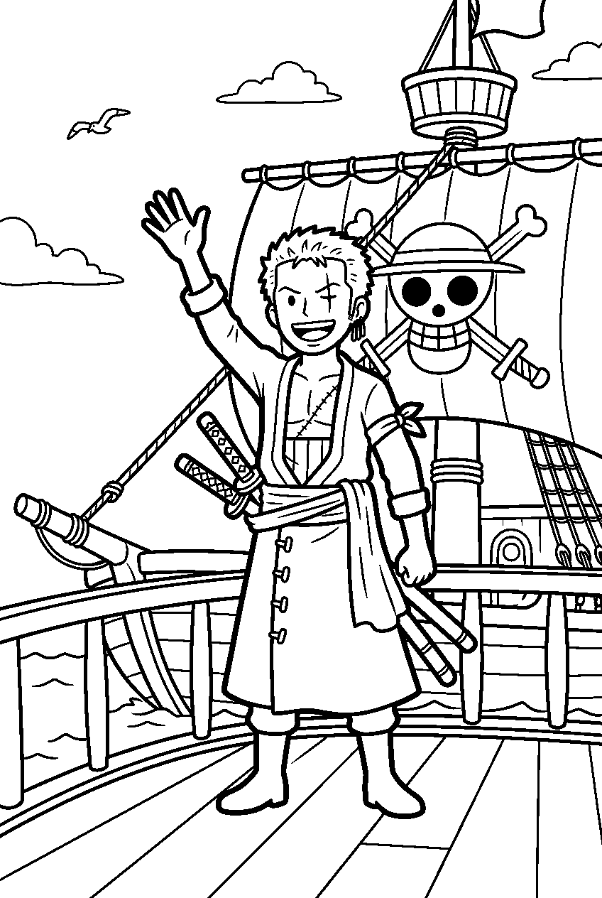 one piece zoro waving on pirate ship line art