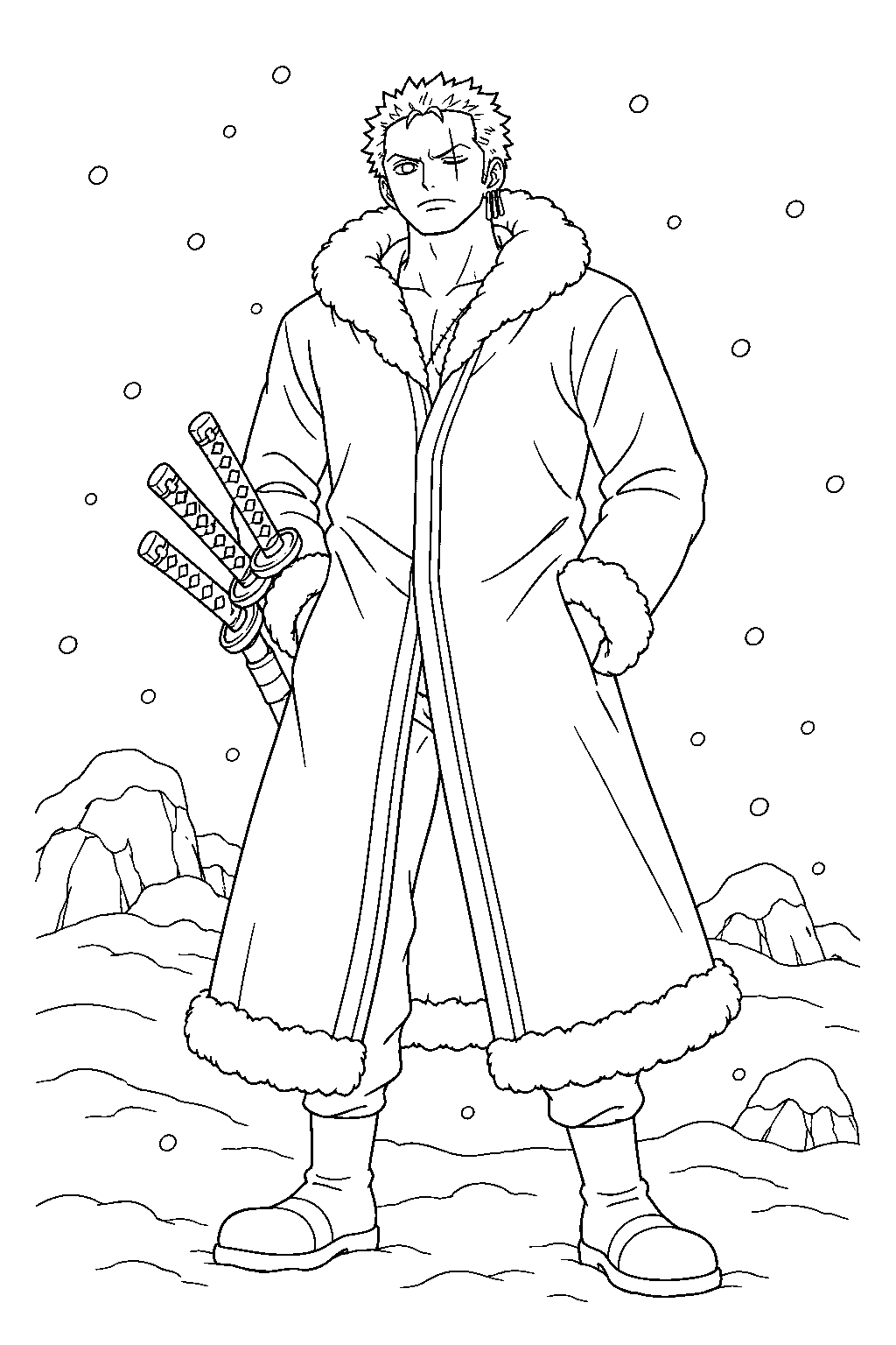 one piece zoro wearing his punk hazard winter coat in the snow line art