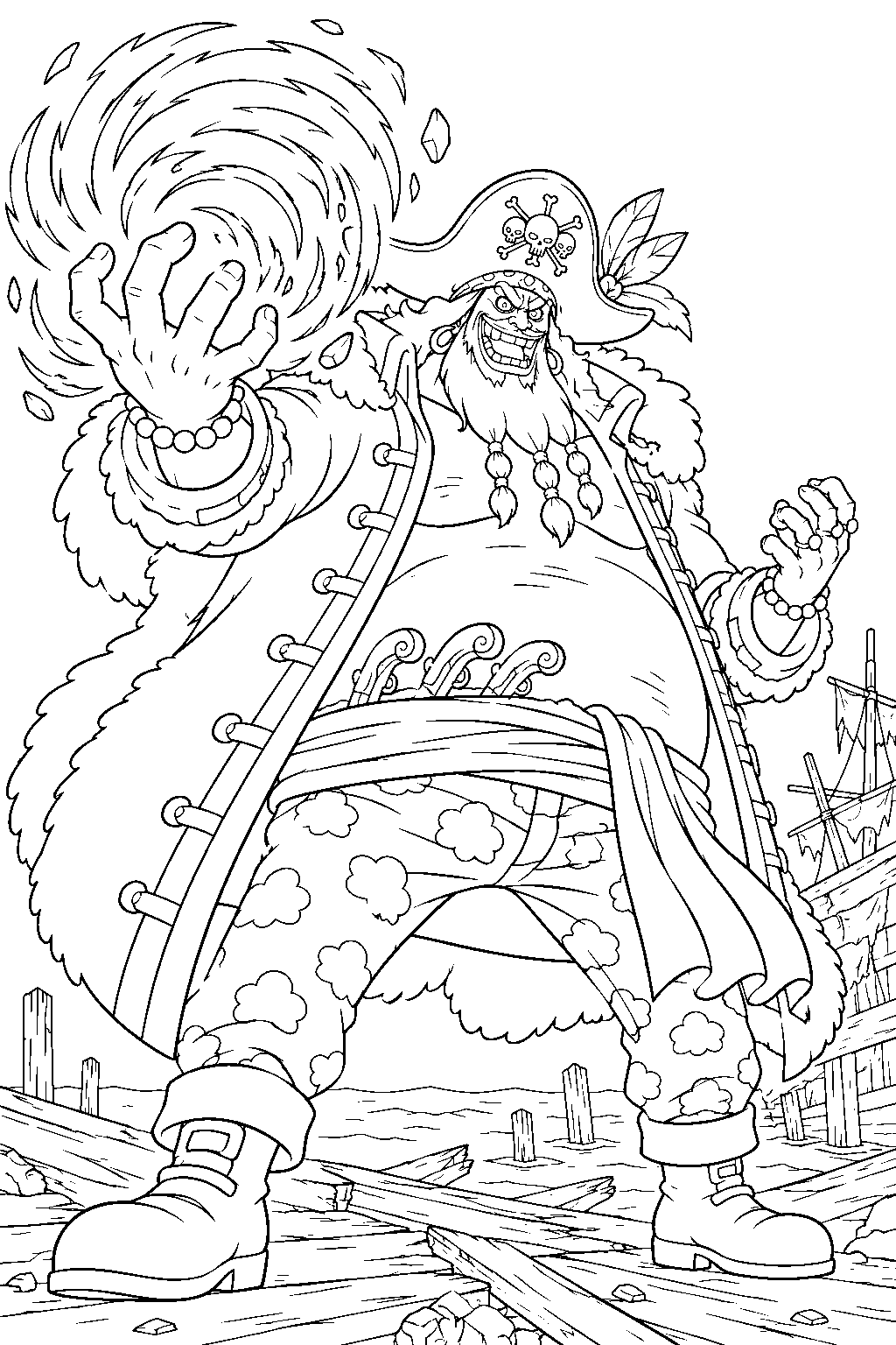 one piece blackbeard summoning a swirling vortex in a ruined port line art