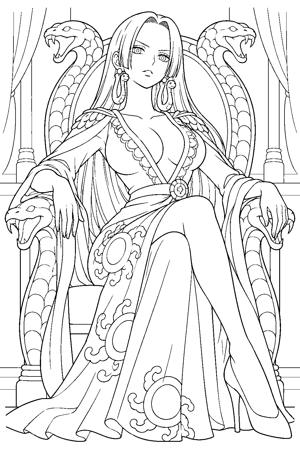 one piece boa hancock sitting on a snake carved amazon lily throne line art