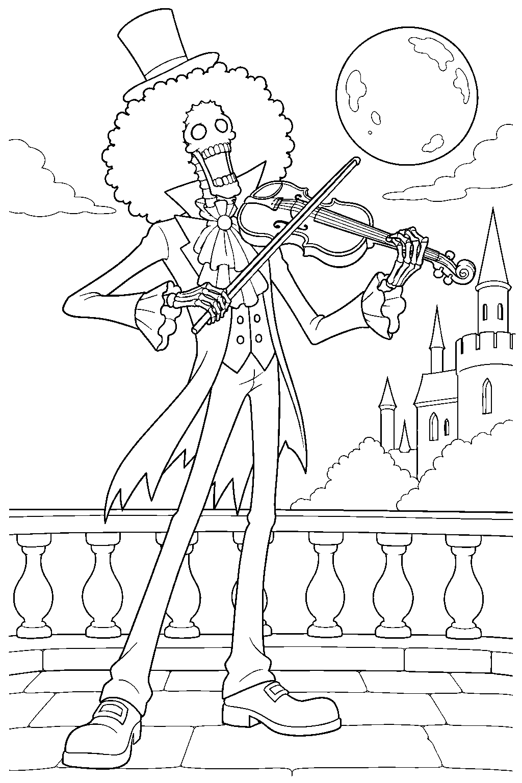 one piece brook playing his violin on a moonlit castle balcony line art