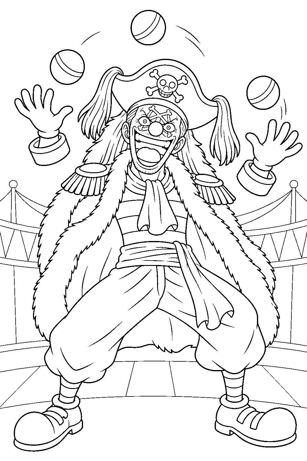 one piece buggy juggling with his detached hands in a circus ring line art