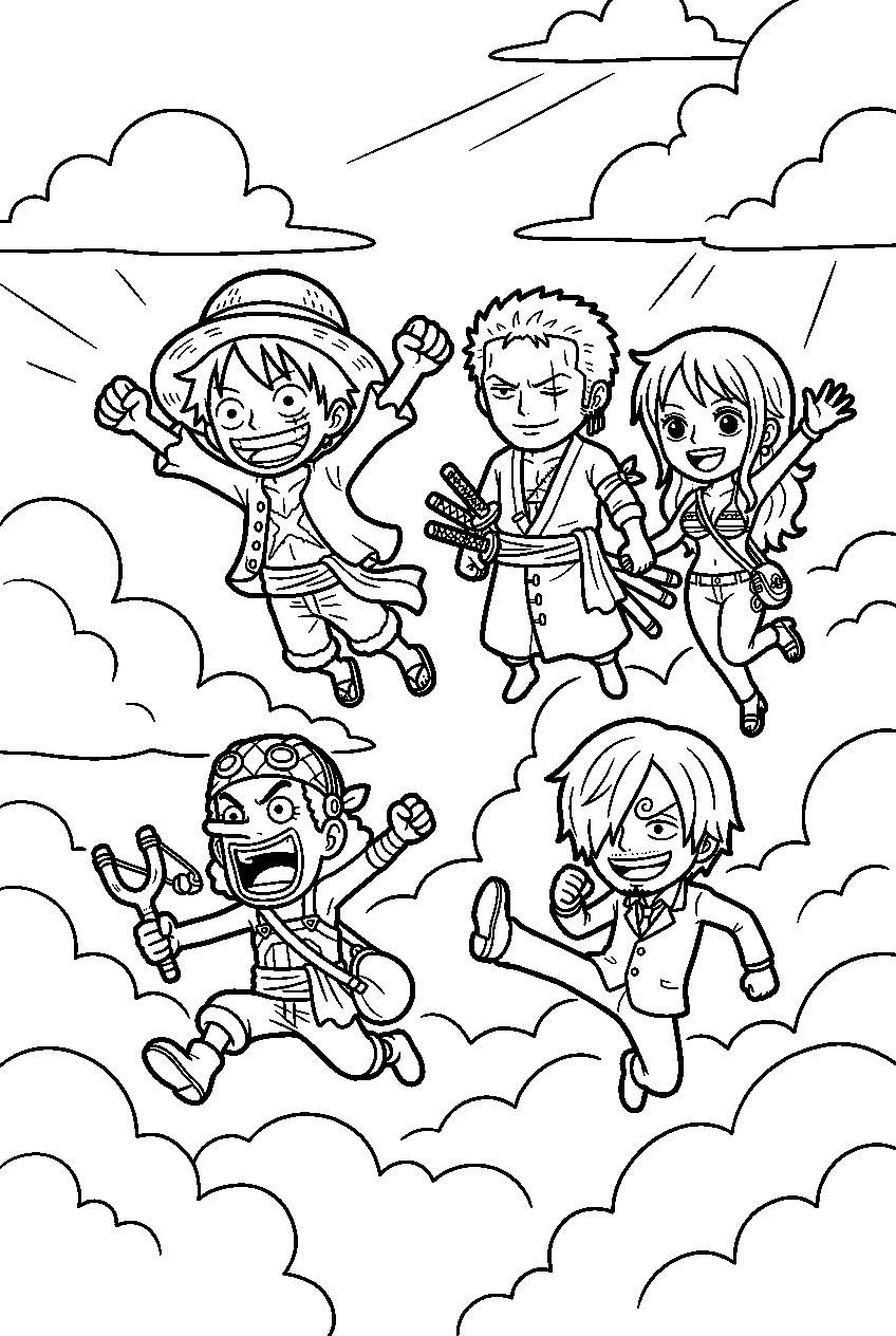 one piece characters above the clouds line art