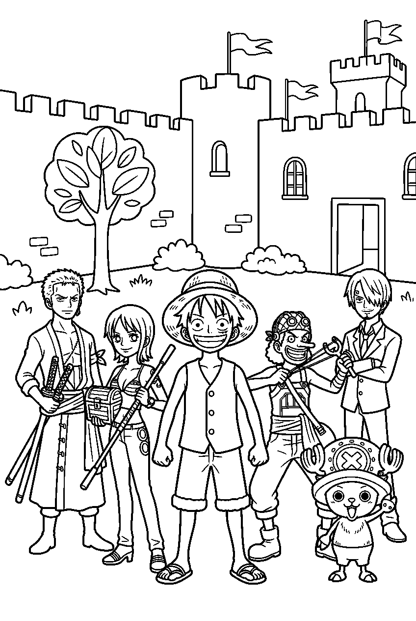 one piece characters in castle courtyard line art