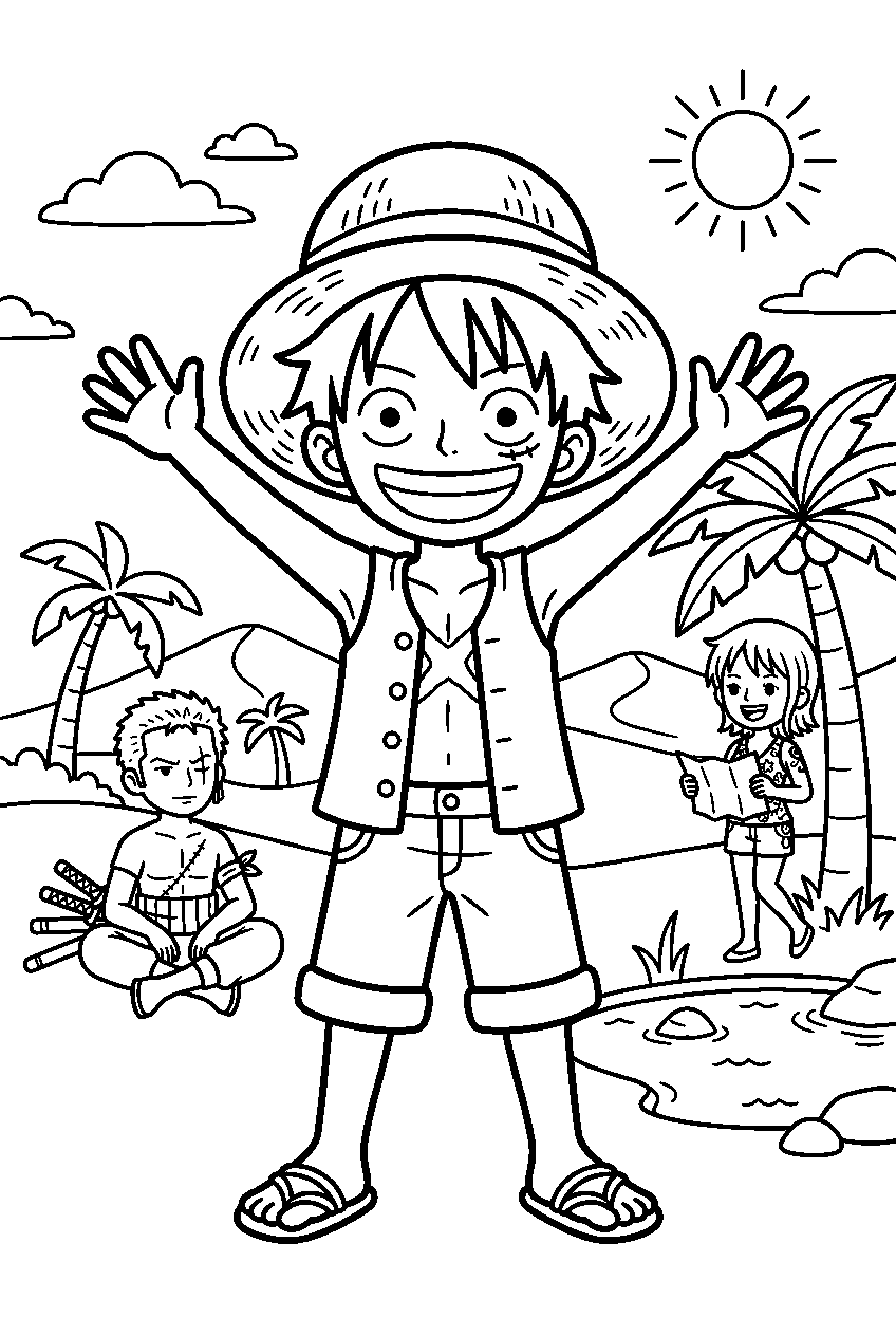 one piece characters in desert oasis line art
