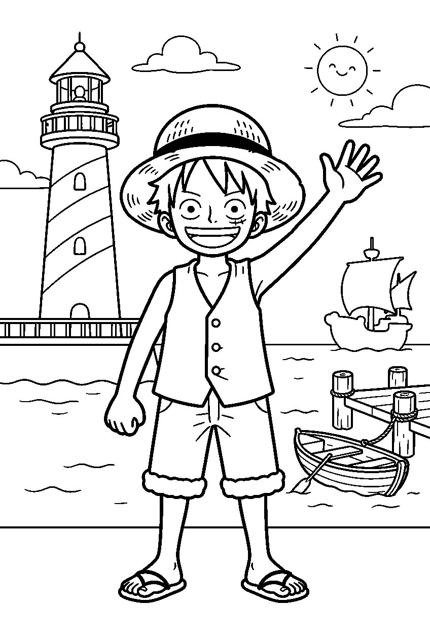 one piece characters in lighthouse harbor line art