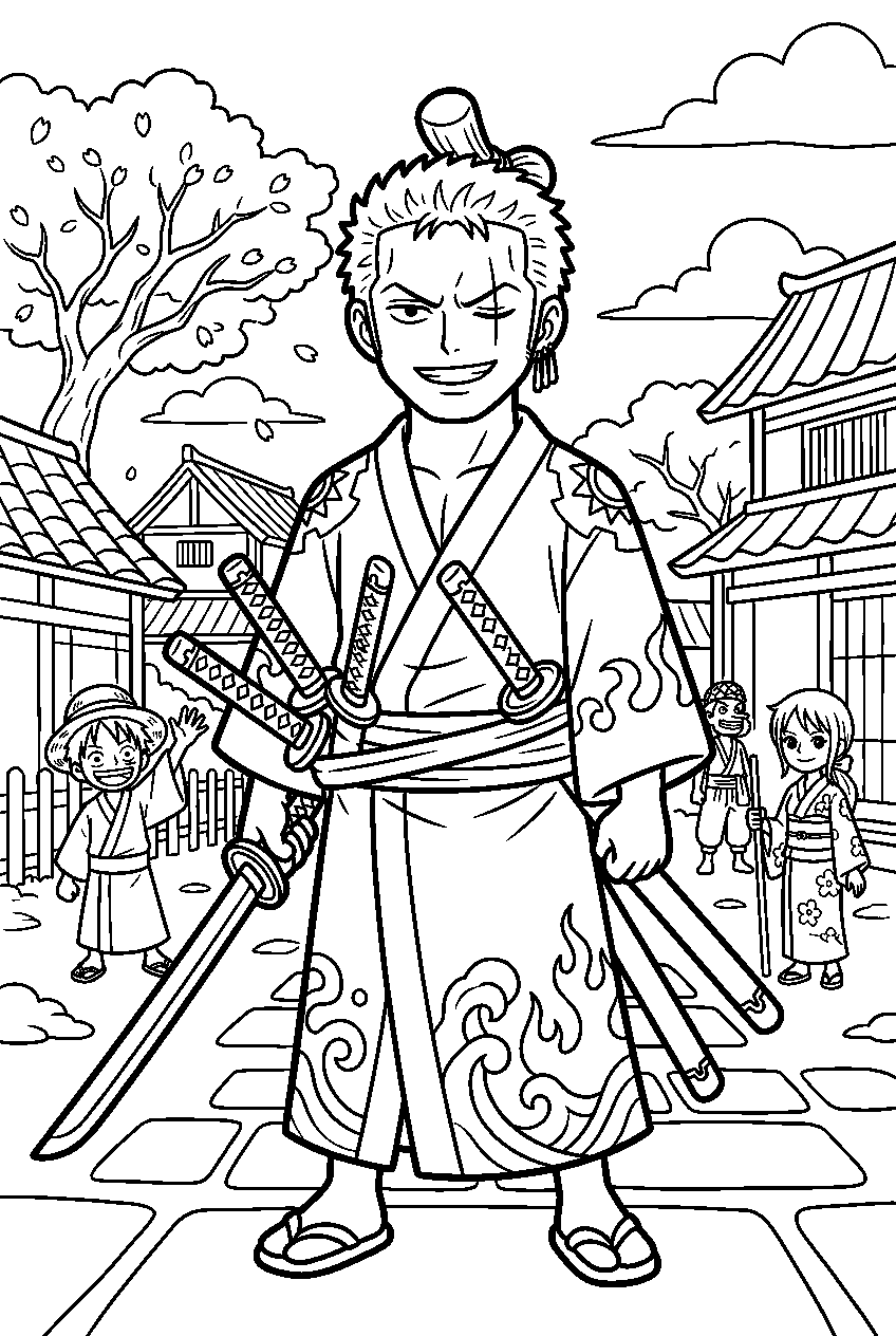 one piece characters in samurai village line art