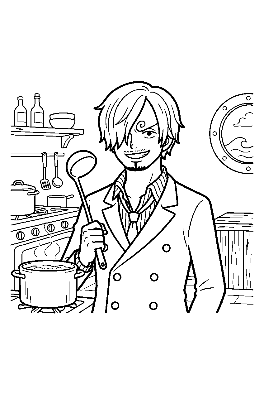 one piece characters in ship galley line art
