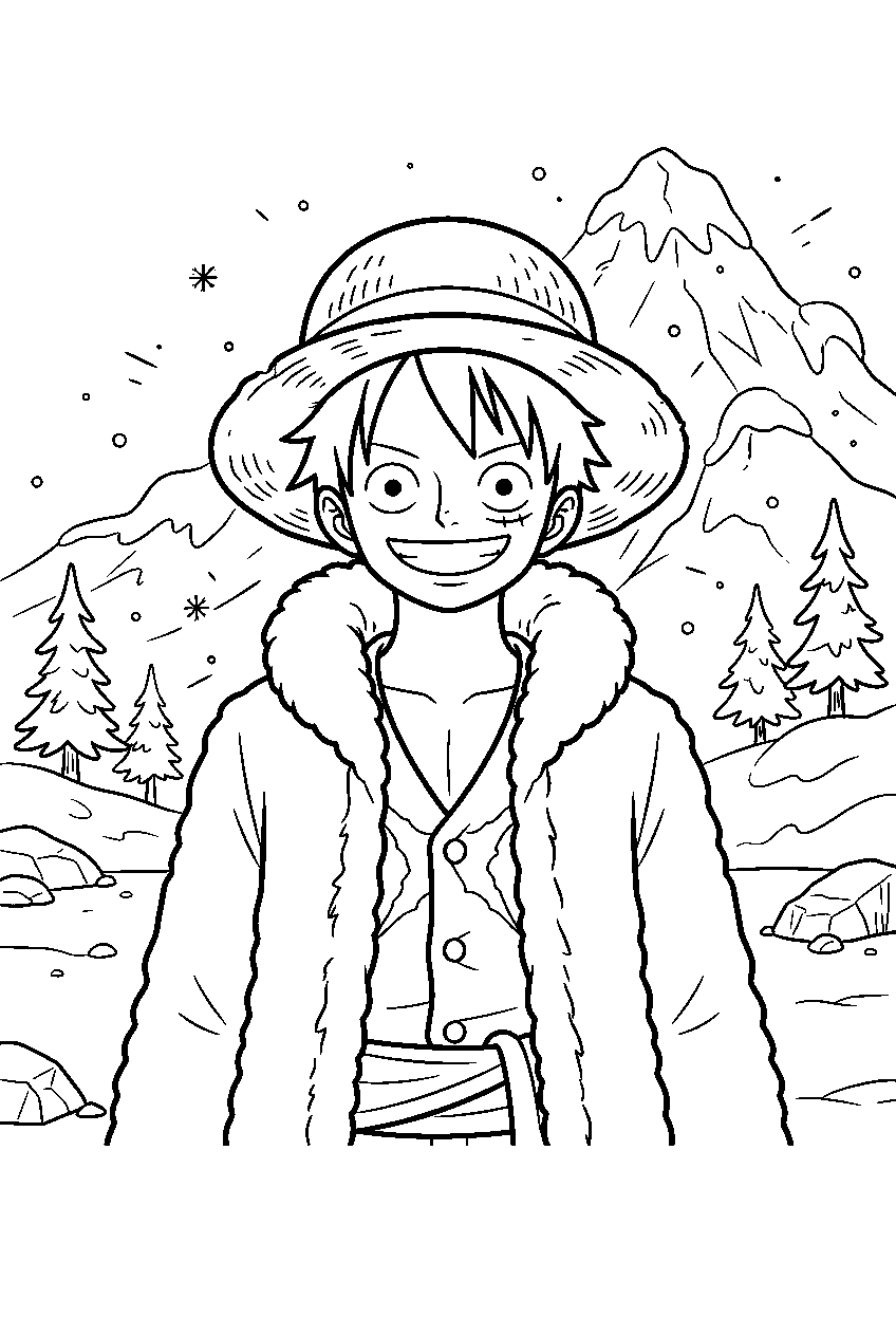 one piece characters in snowy mountain line art