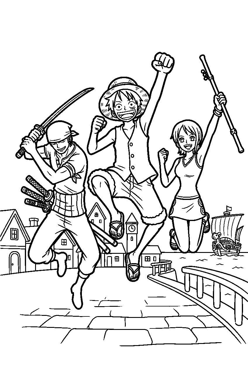 one piece characters jumping in harbor town line art