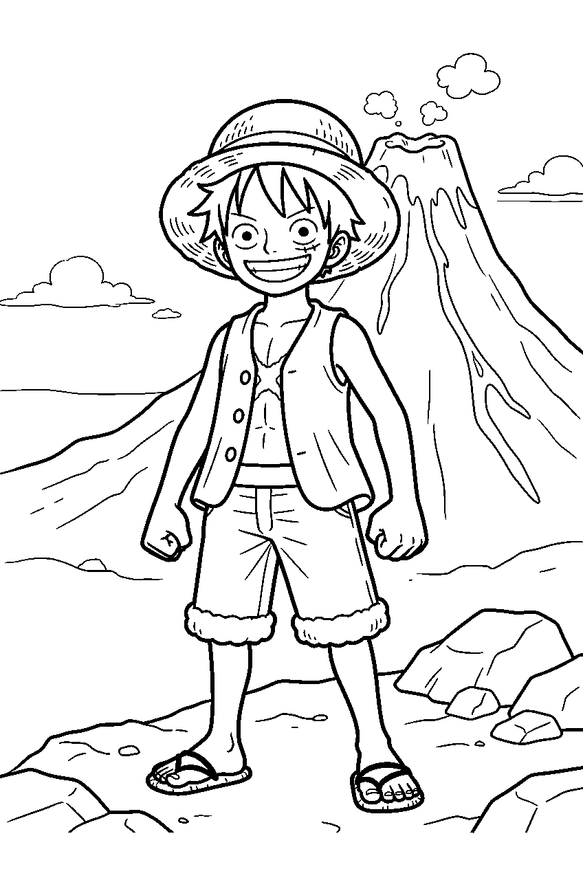 one piece characters near volcano line art