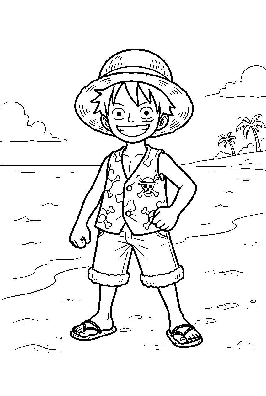 one piece characters on sandy beach line art