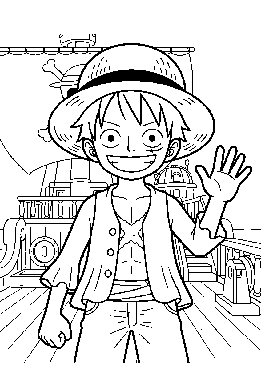 one piece characters on ship deck line art