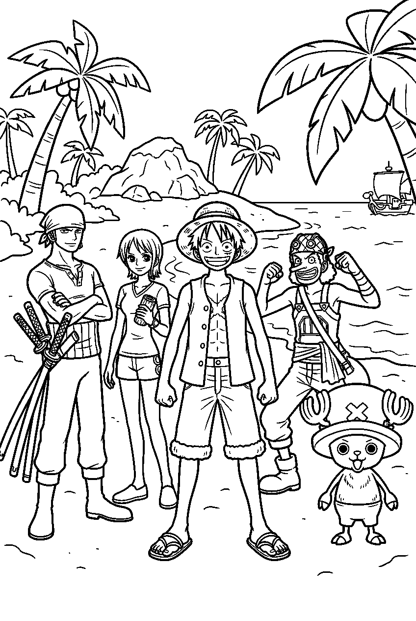 one piece characters on tropical island line art