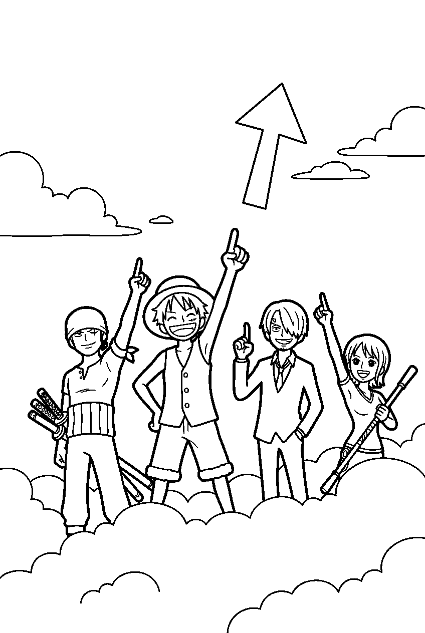 one piece characters pointing above the clouds line art