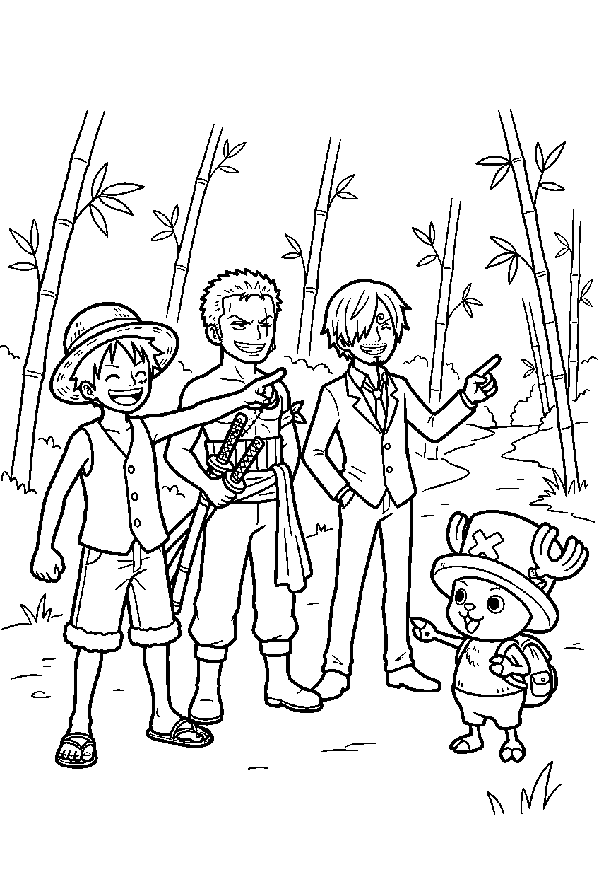 one piece characters pointing in bamboo forest line art