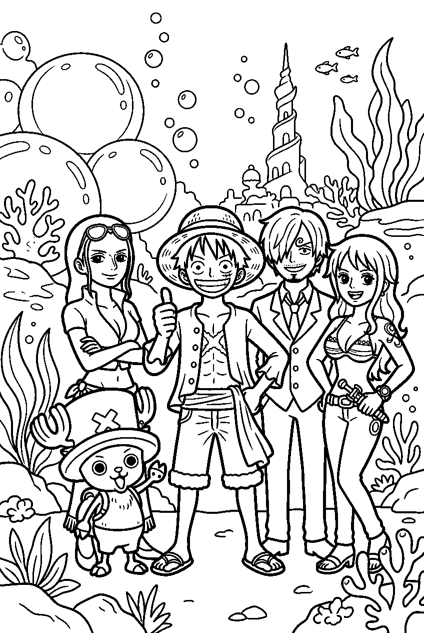 one piece characters portrait in fish man island line art