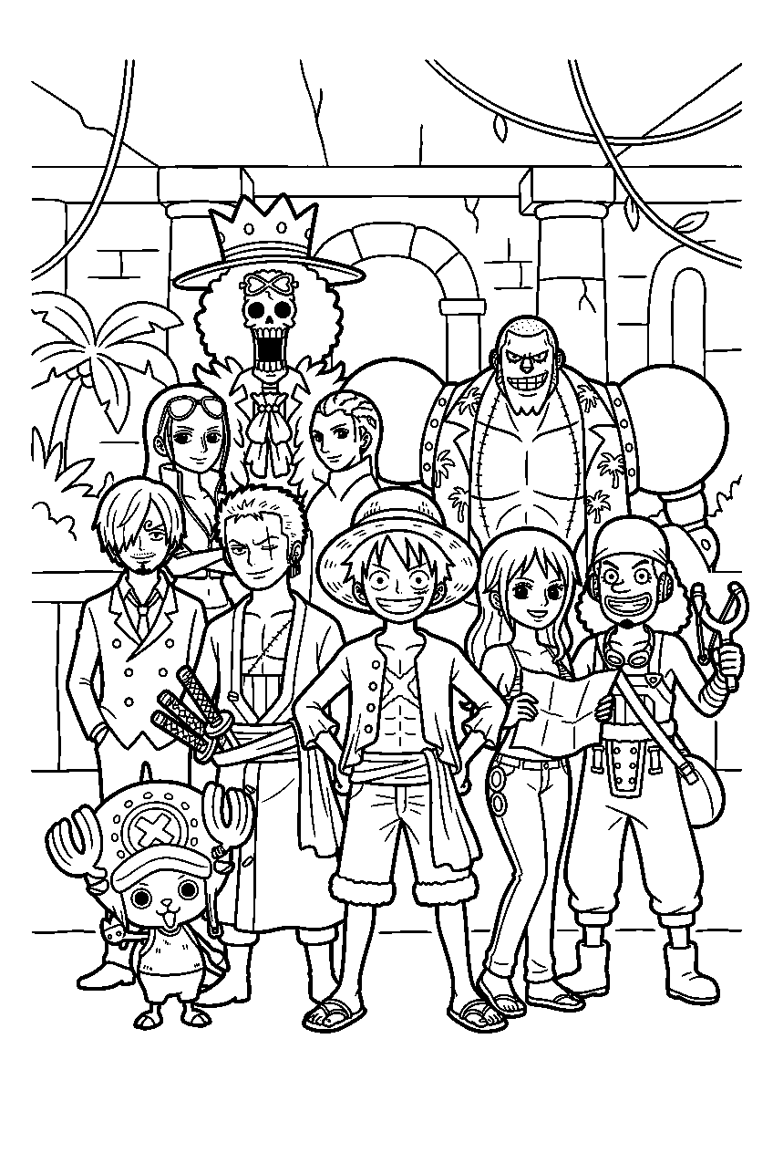 one piece characters portrait in hidden temple line art