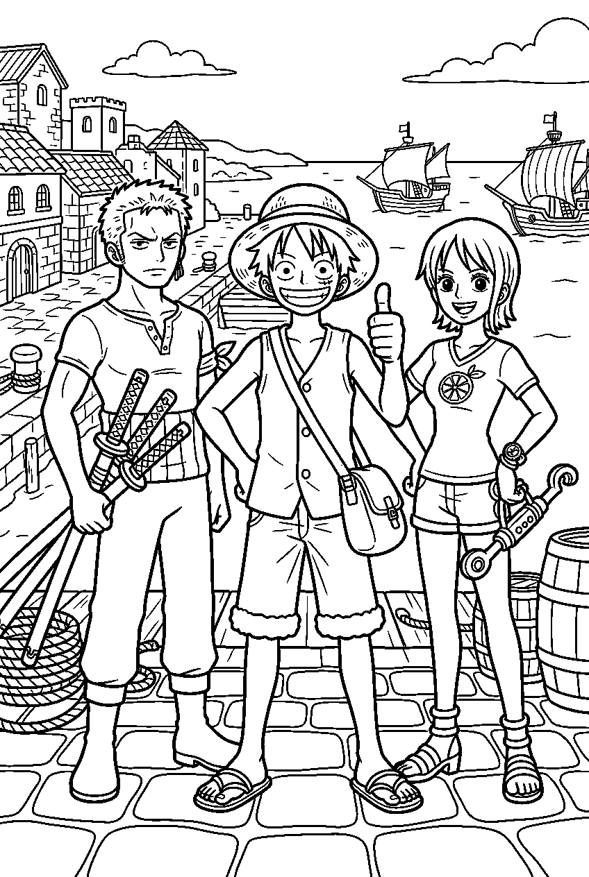 one piece characters portrait in port city line art