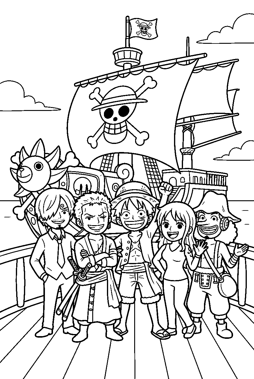 one piece characters portrait on thousand sunny line art