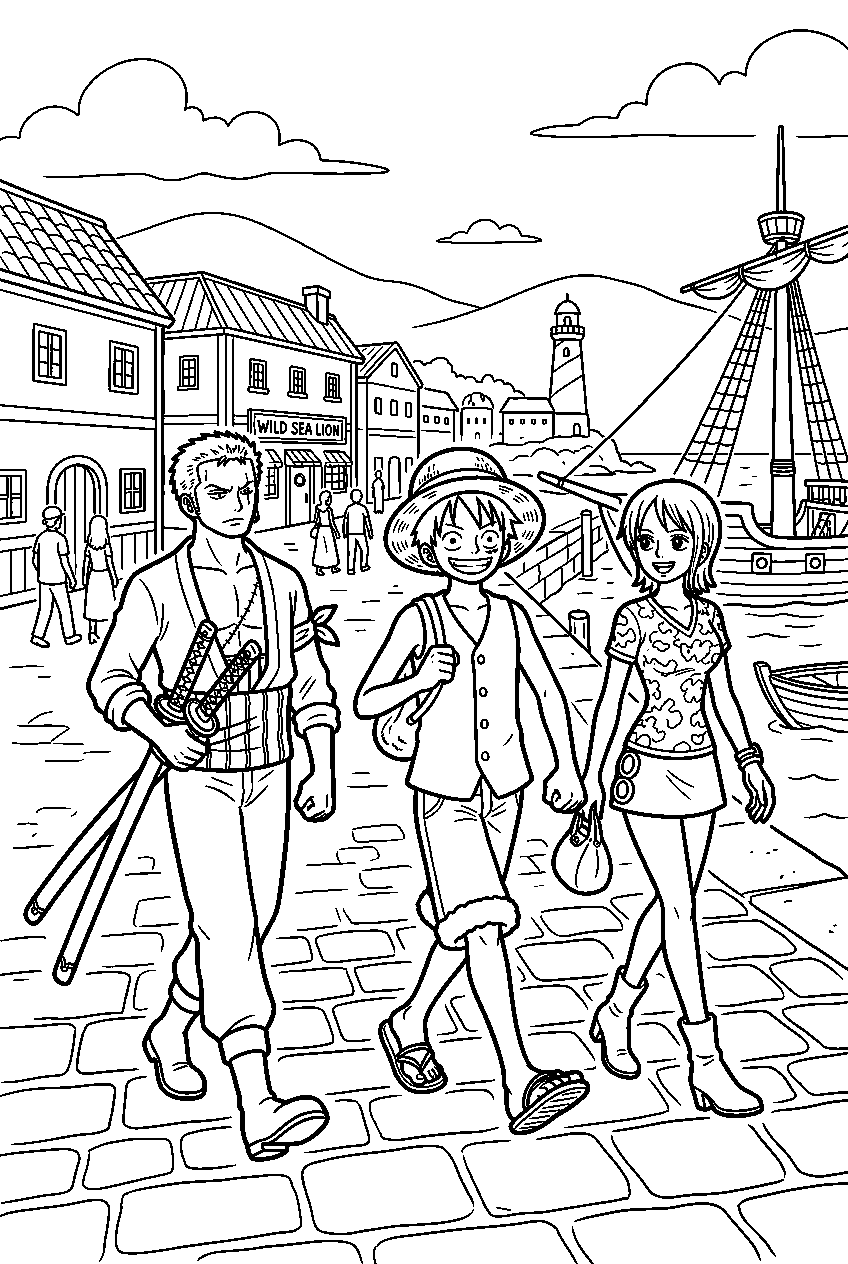 one piece characters walking in port city line art
