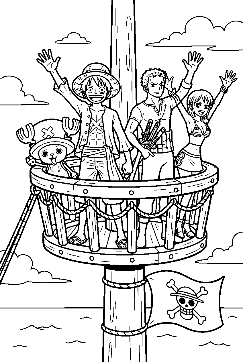 one piece characters waving in crow s nest line art