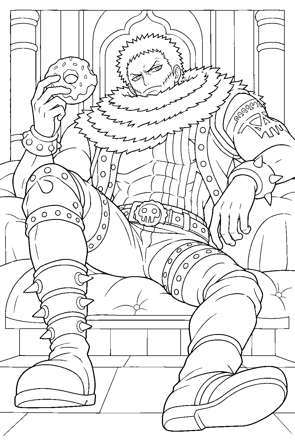 one piece charlotte katakuri reclining with a doughnut in his shrine line art