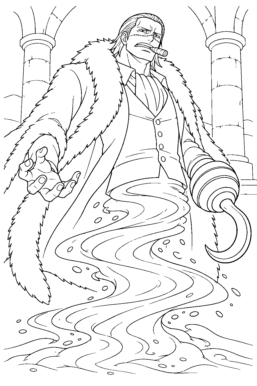 one piece crocodile turning into sand beneath a desert colonnade line art