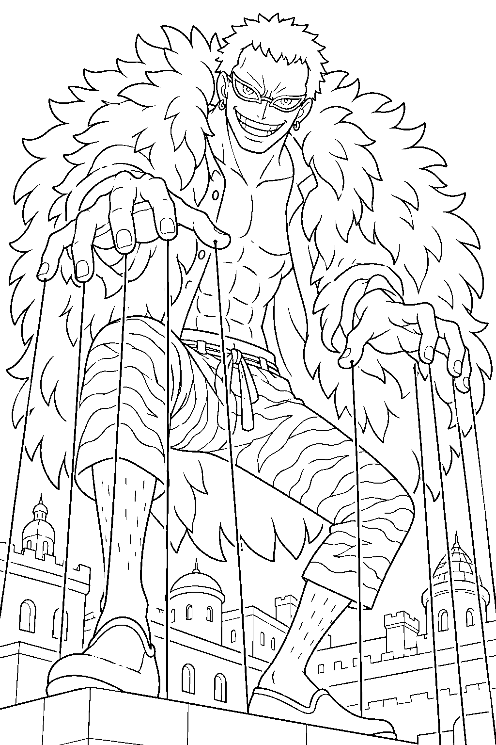 one piece donquixote doflamingo pulling strings above dressrosa rooftops line art