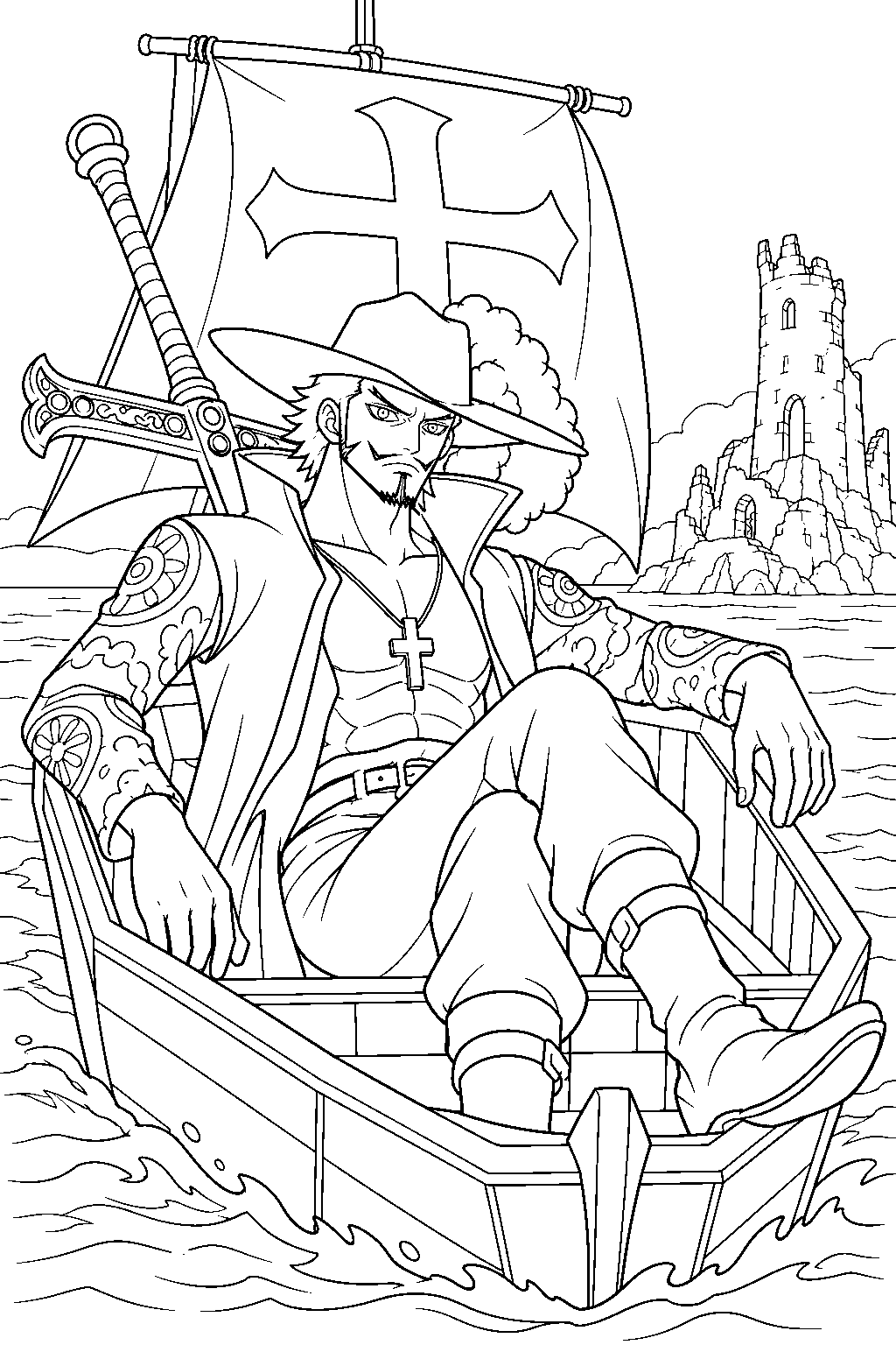 one piece dracule mihawk sailing his coffin boat past a ruined tower line art