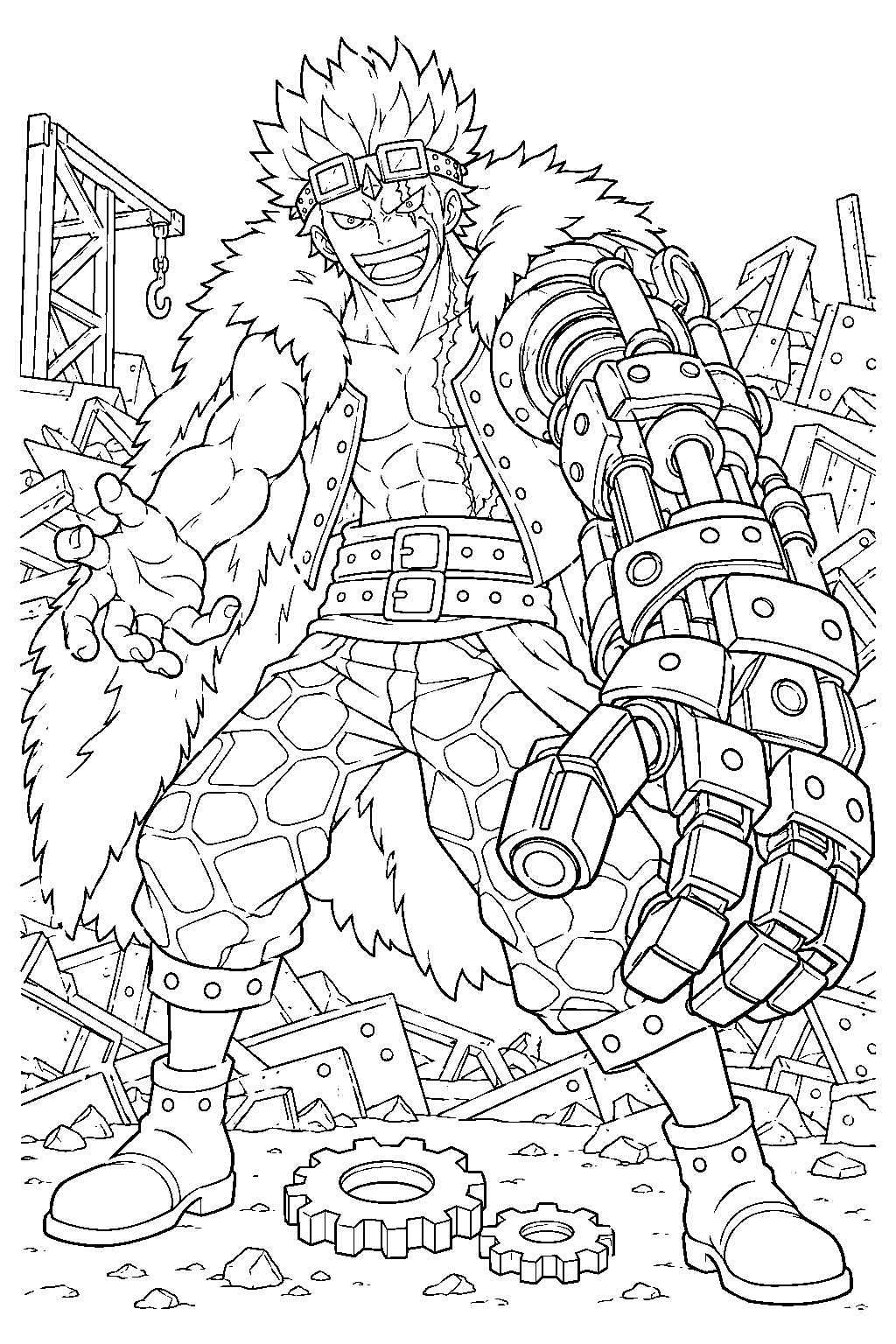 one piece eustass kid assembling a giant metal arm in a scrap yard line art