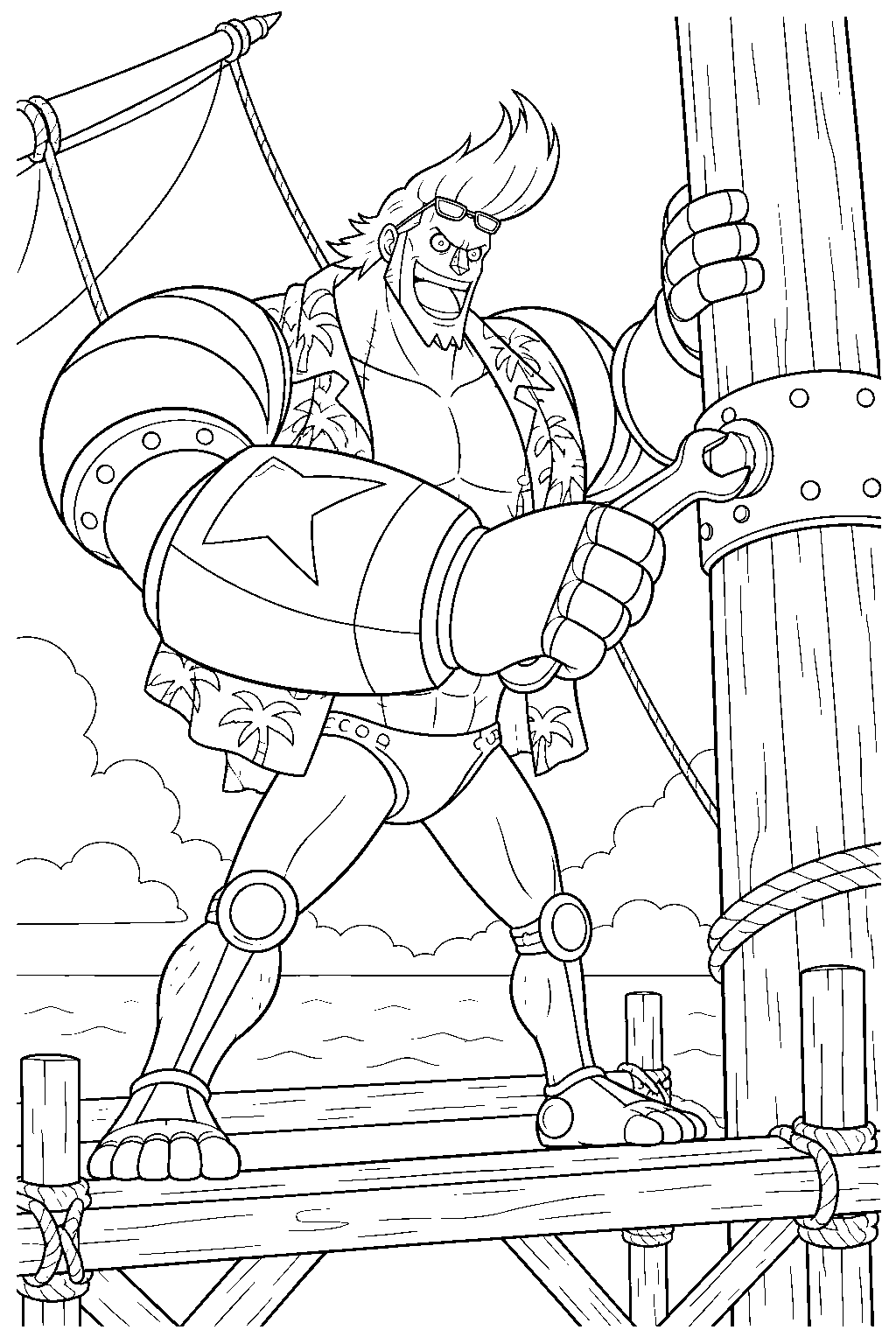 one piece franky repairing a ship mast from wooden scaffolding line art
