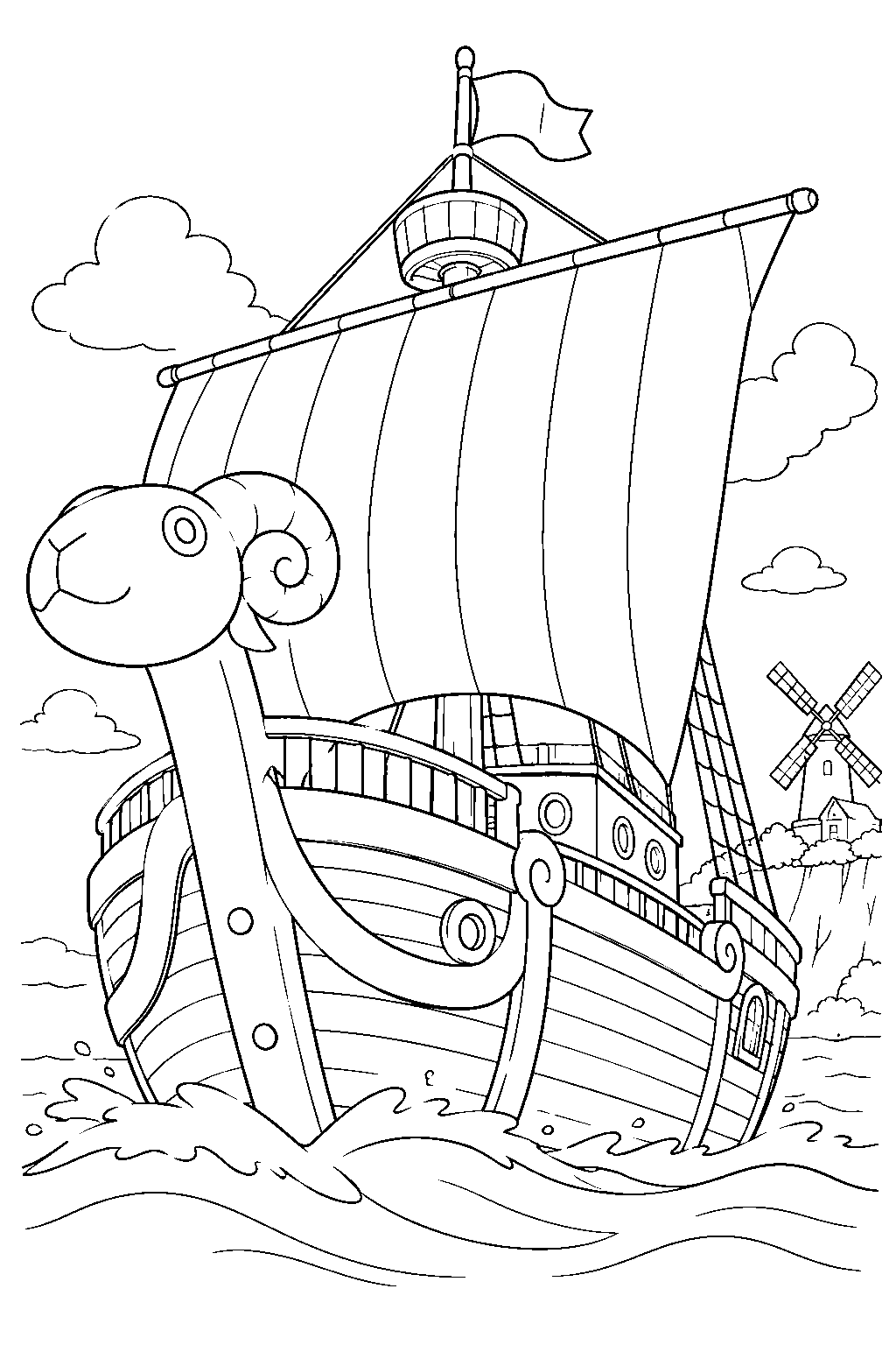 one piece going merry sailing past a windmill on a coastal island line art