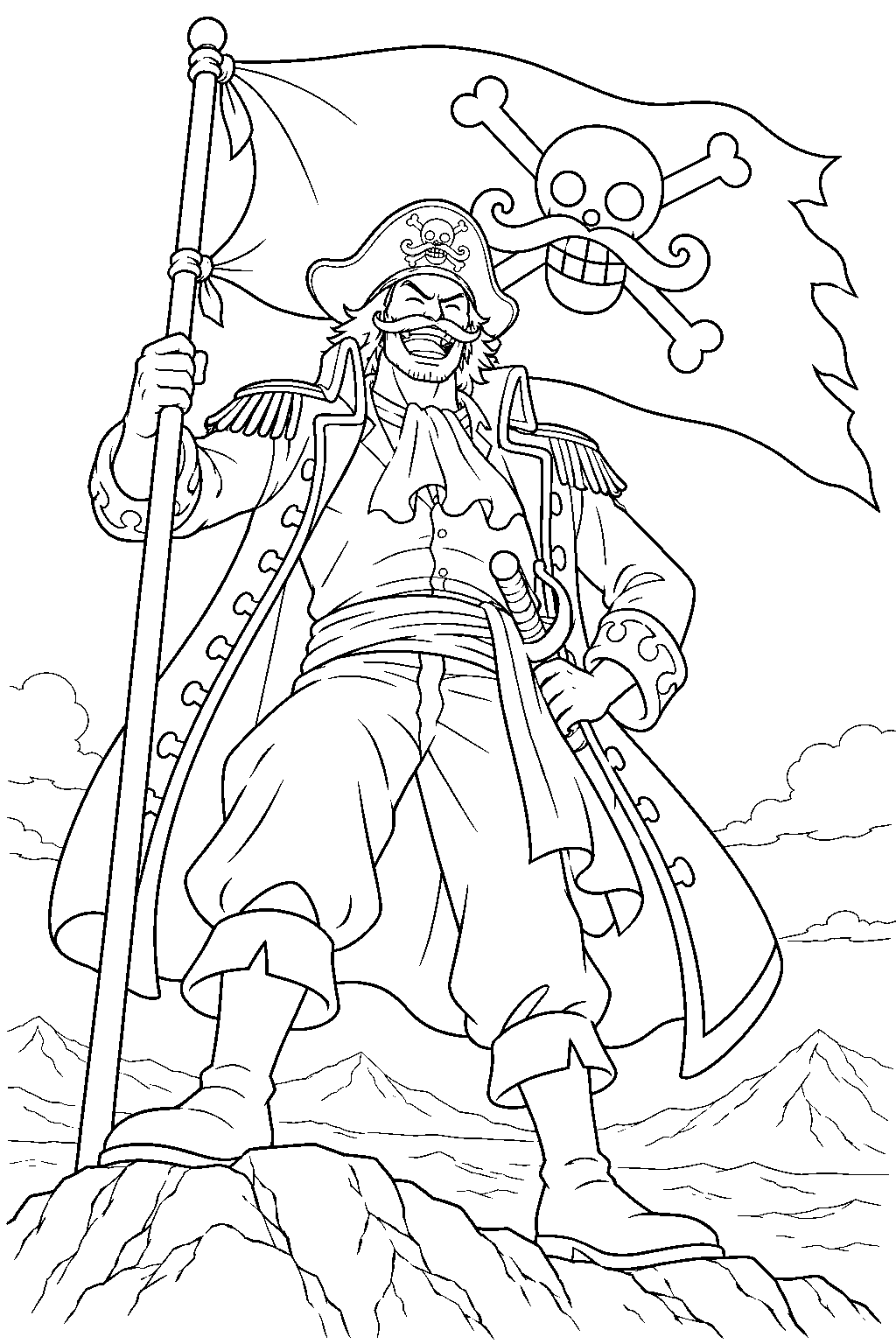one piece gol d roger planting a pirate flag on a mountain summit line art