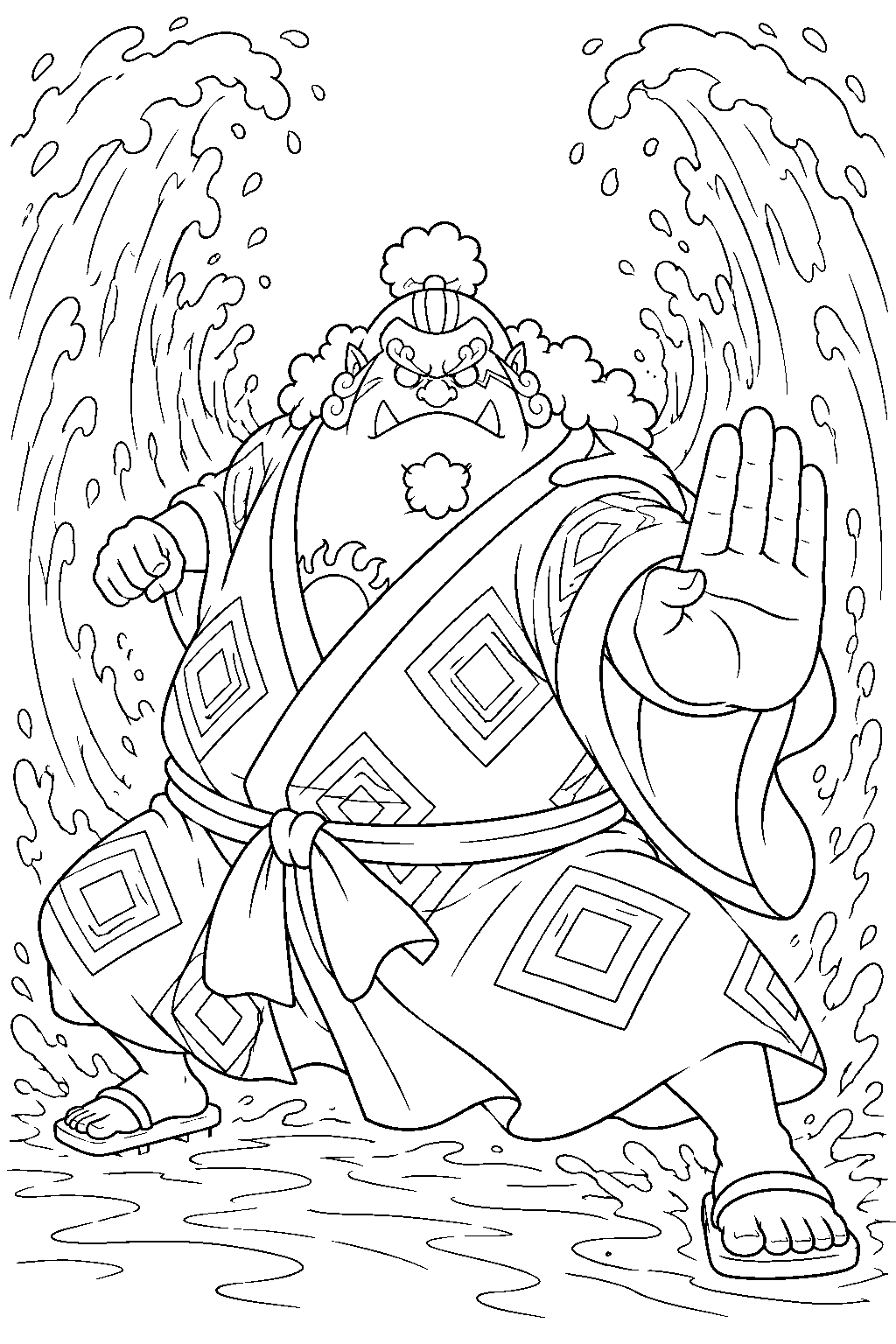 one piece jinbe splitting an ocean wave with fish man karate line art